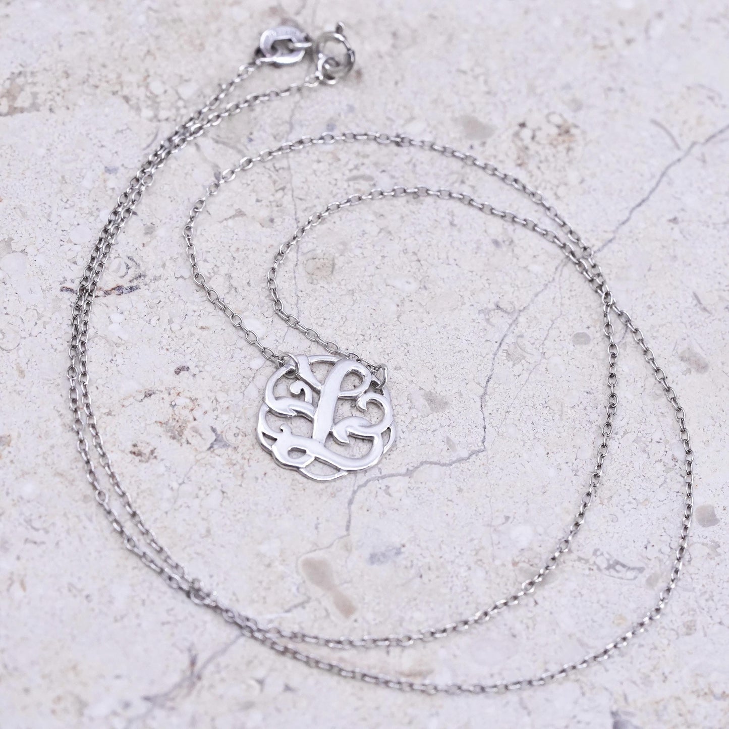 18", vintage Sterling silver necklace, 925 circle chain with letter L pendant