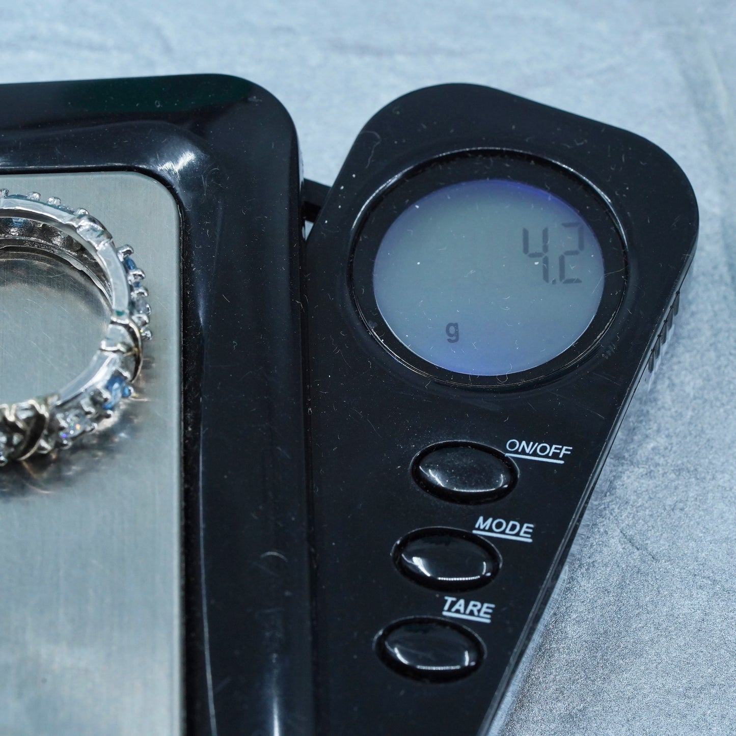 Size 8, vintage two tone Sterling 925 silver ring, blue topaz and Cz band