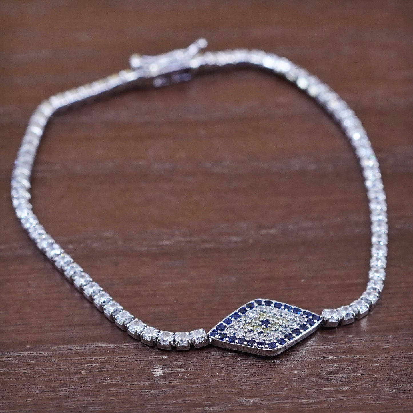 7”, Sterling 925 silver handmade chain bracelet with evil eye and cluster cz