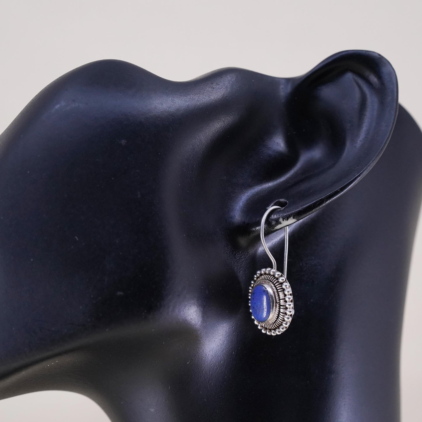 Vintage Sterling 925 Silver Handmade earrings with oval lapis lazuli and beads