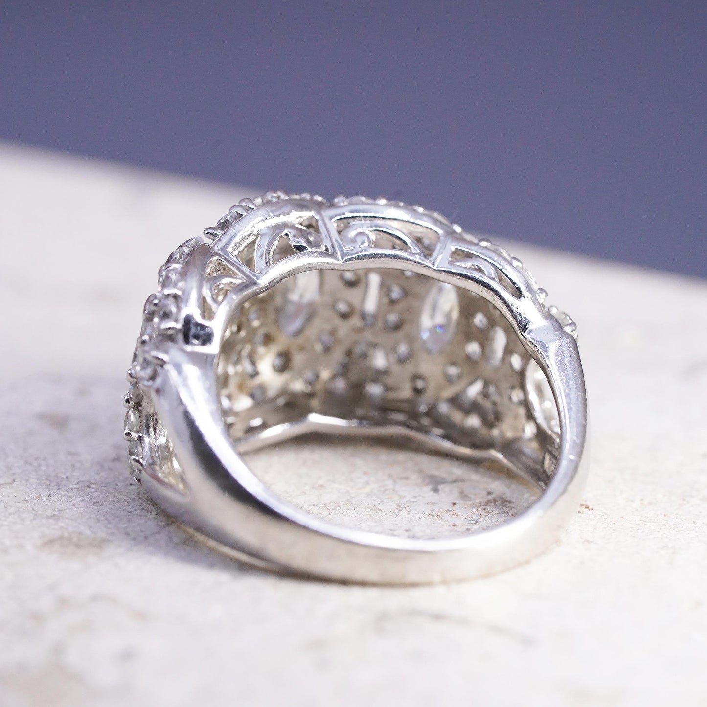 Size 8, Vintage 925 Sterling Silver CZ Marquise Cluster Ring Sparkling Cocktail