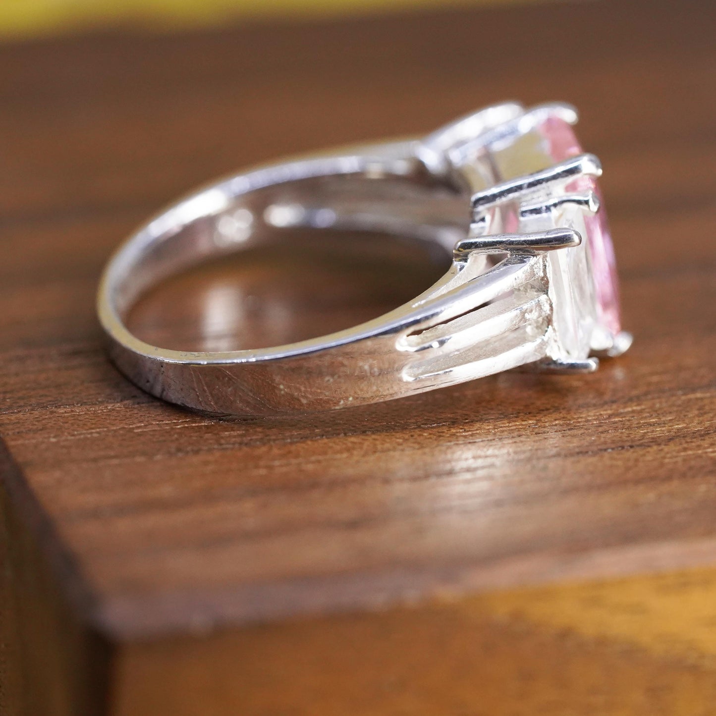 Size 7.5, vintage Sterling 925 silver ring with pink crystal and clear cz