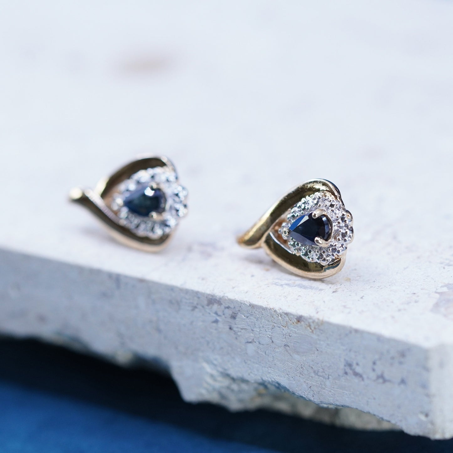 vermeil gold over Sterling silver earrings, 925 teardrop studs sapphire diamond