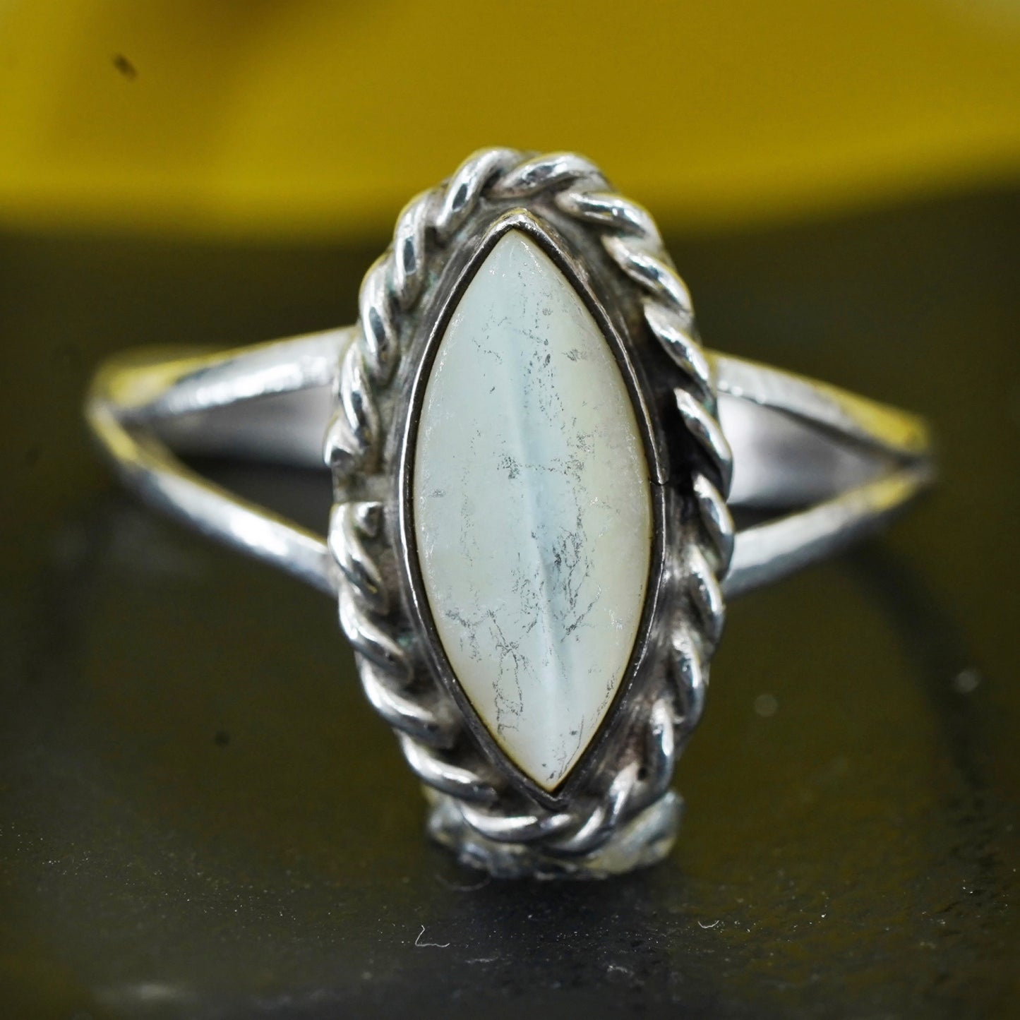 Size 6, vtg Sterling silver 925 handmade ring with white tiger eye stone cable