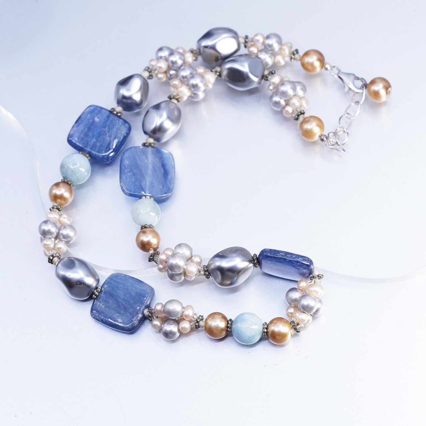 16+2", vintage Sterling 925 silver necklace with pearl aquamarine kyanite beads