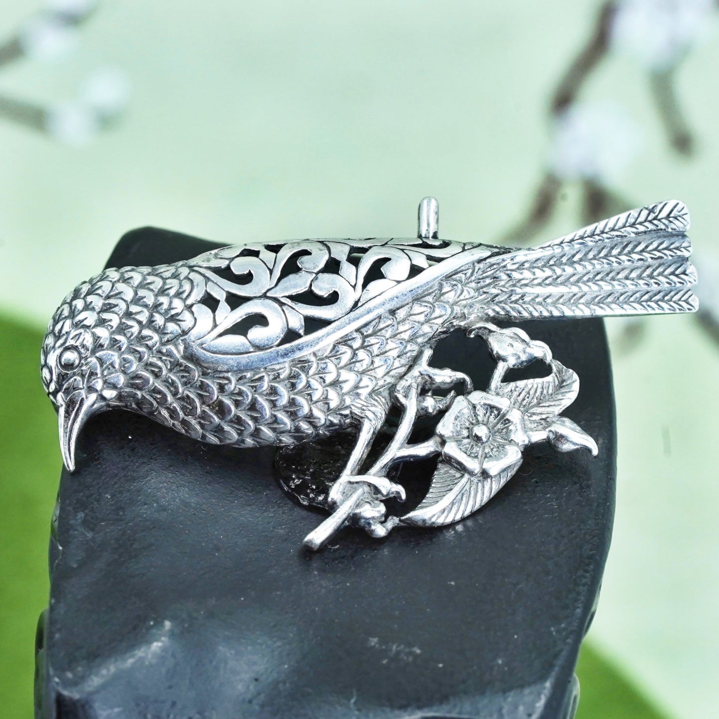 Vintage sterling silver handmade brooch, 925 Jezlaine filigree floral bird pin