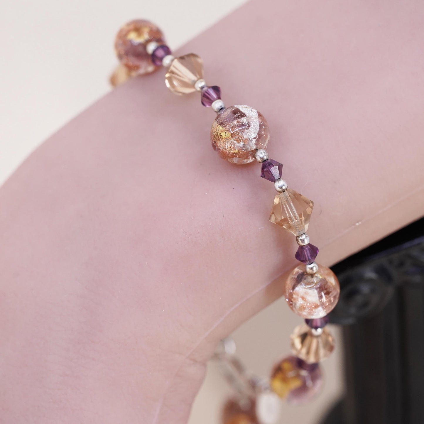 7.5+0.5" 925 Sterling silver bracelet artisan orange glass beads toggle closure