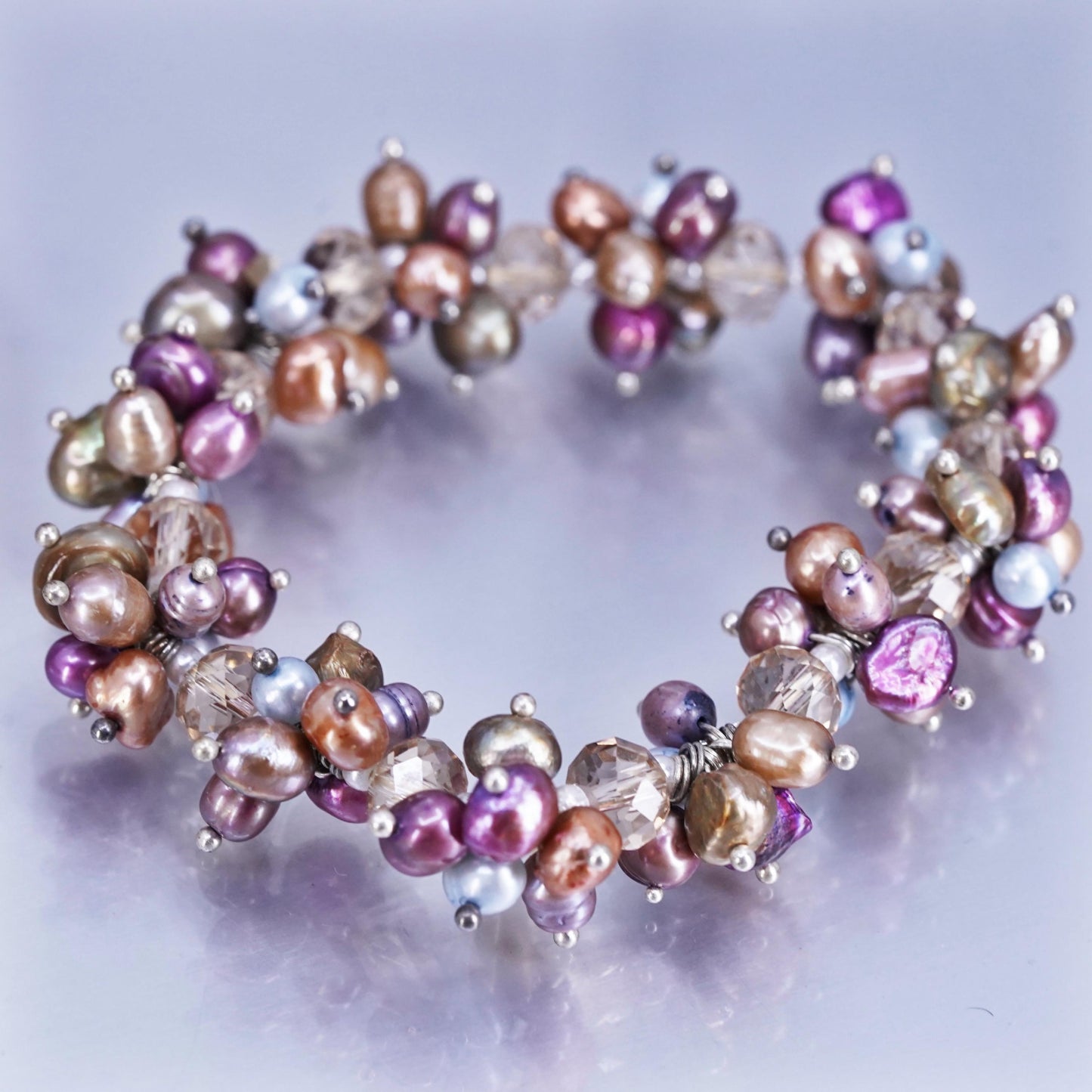 7.25”, Sterling 925 silver stretchy bracelet with cluster pearl and crystal