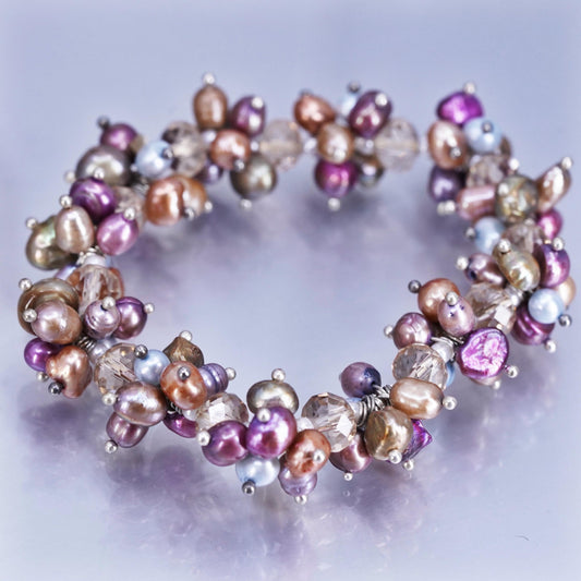 7.25”, Sterling 925 silver stretchy bracelet with cluster pearl and crystal