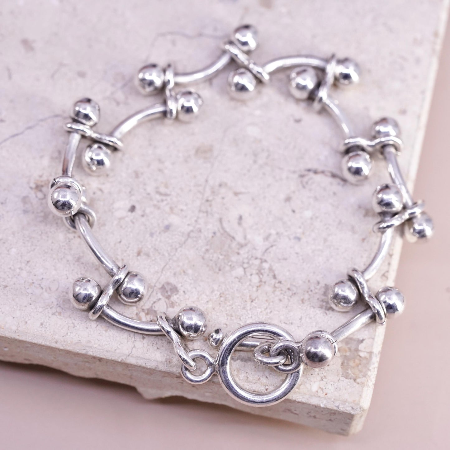 6.5”, vintage Sterling silver bracelet, 925 ball bar link chain toggle closure