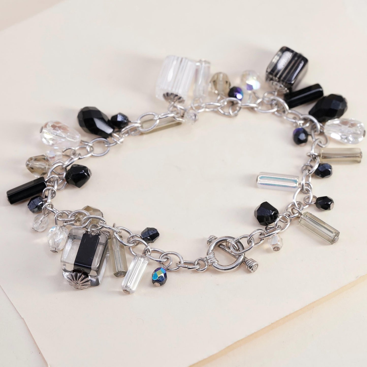 7.25", VTG sterling silver 925 oval chain bracelet cluster black white crystal