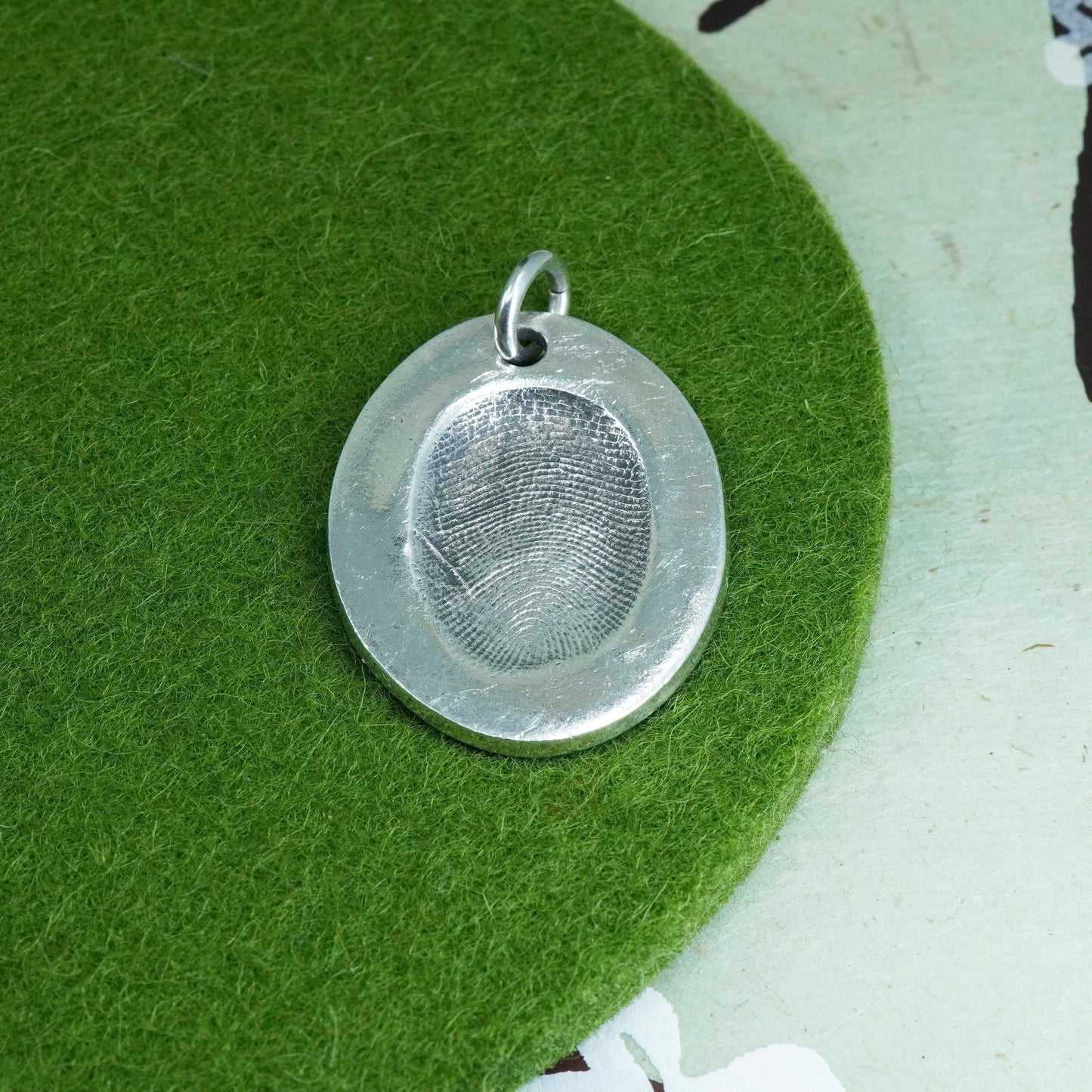 Vintage sterling silver handmade pendant, unique 925 oval with fingerprint