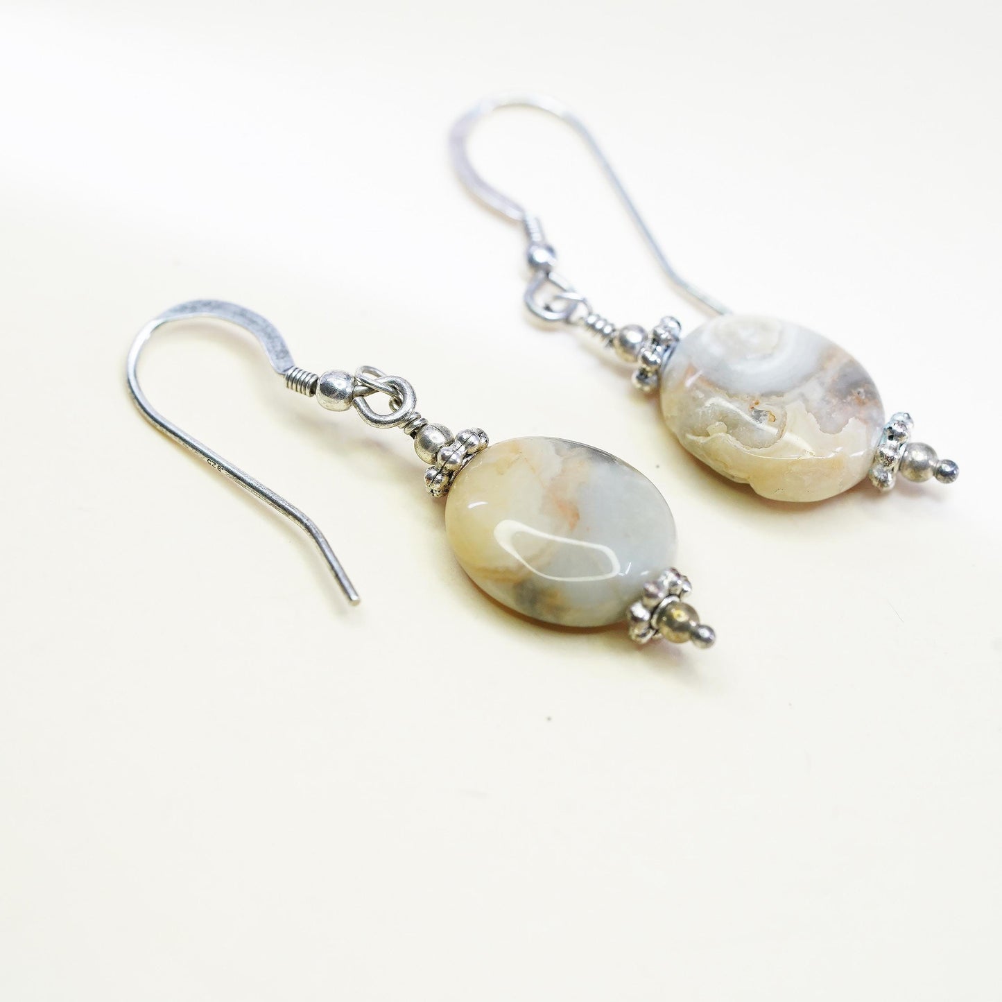Vintage Sterling silver handmade earrings, 925 hooks with agate