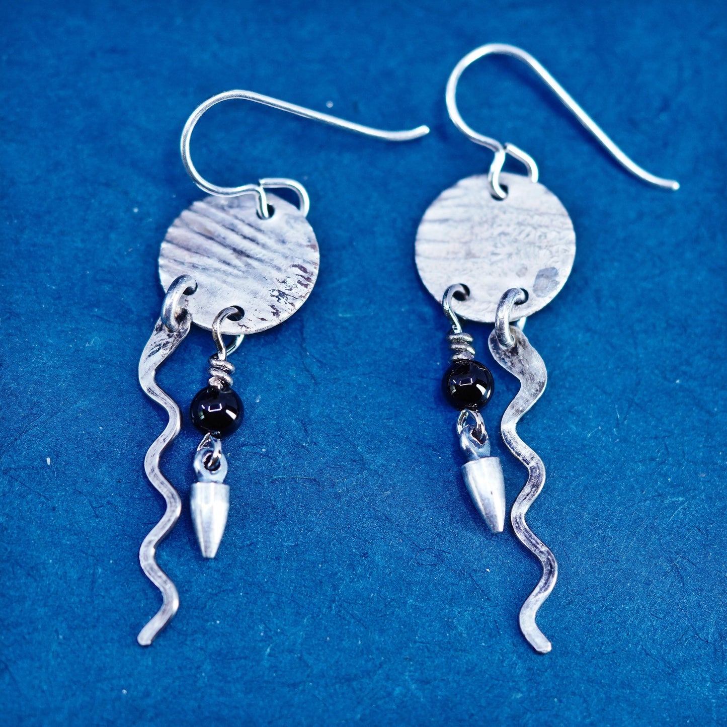 Southwestern sterling silver handmade earrings, 925 multi disc with onyx beads