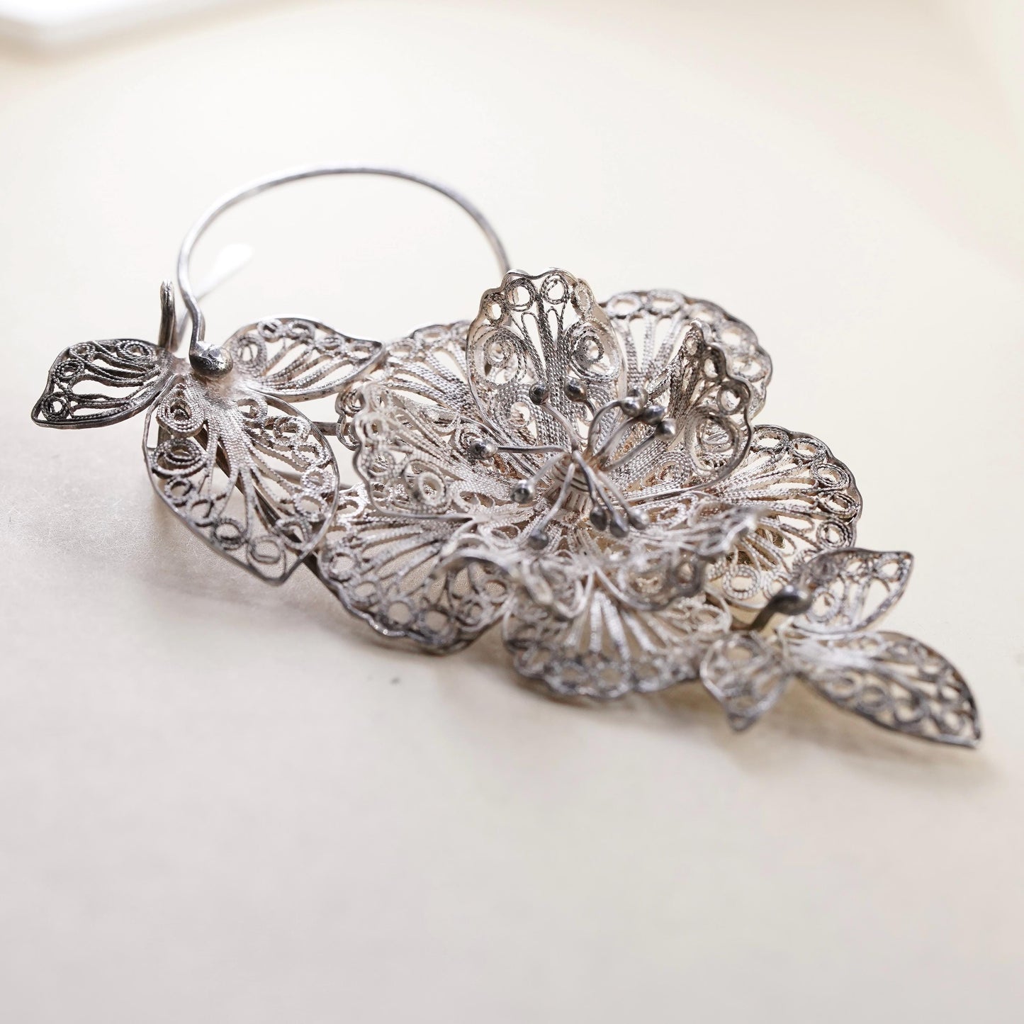 Vintage TOM Sterling silver handmade brooch, 925 filigree flower pin