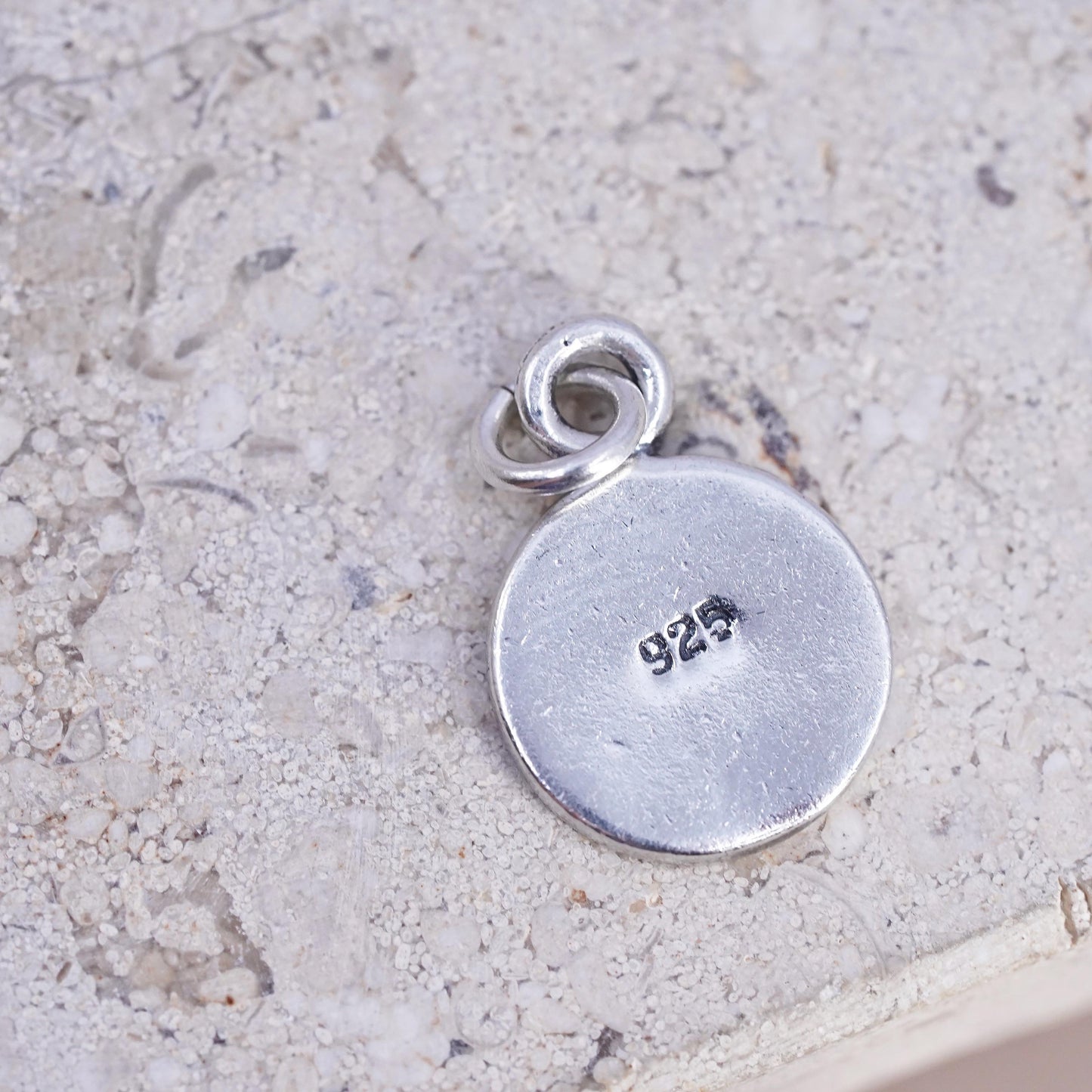 Vintage sterling silver handmade pendant, 925 circle tag charm embossed "love"