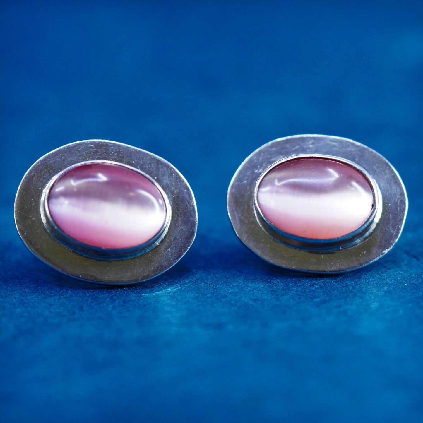 Vintage Mexican Sterling silver earrings, 925 oval studs with pink tiger eye