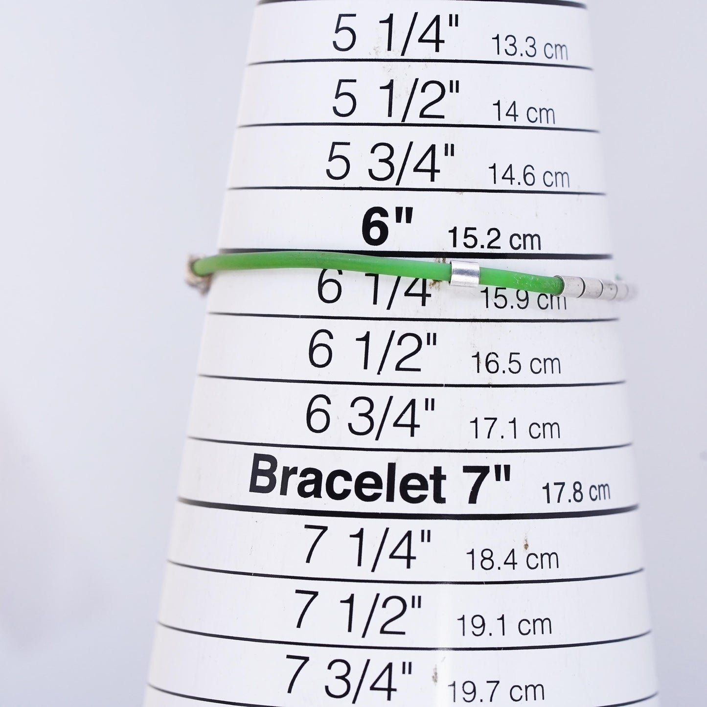 6”, Vintage green rubber band stackable bracelet with silver tone details