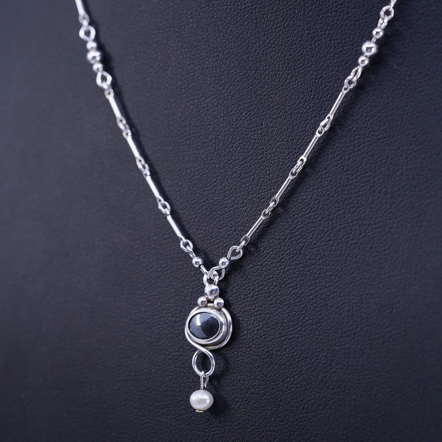 16”, Vintage Sterling 925 silver handmade bar chain necklace hematite pendant