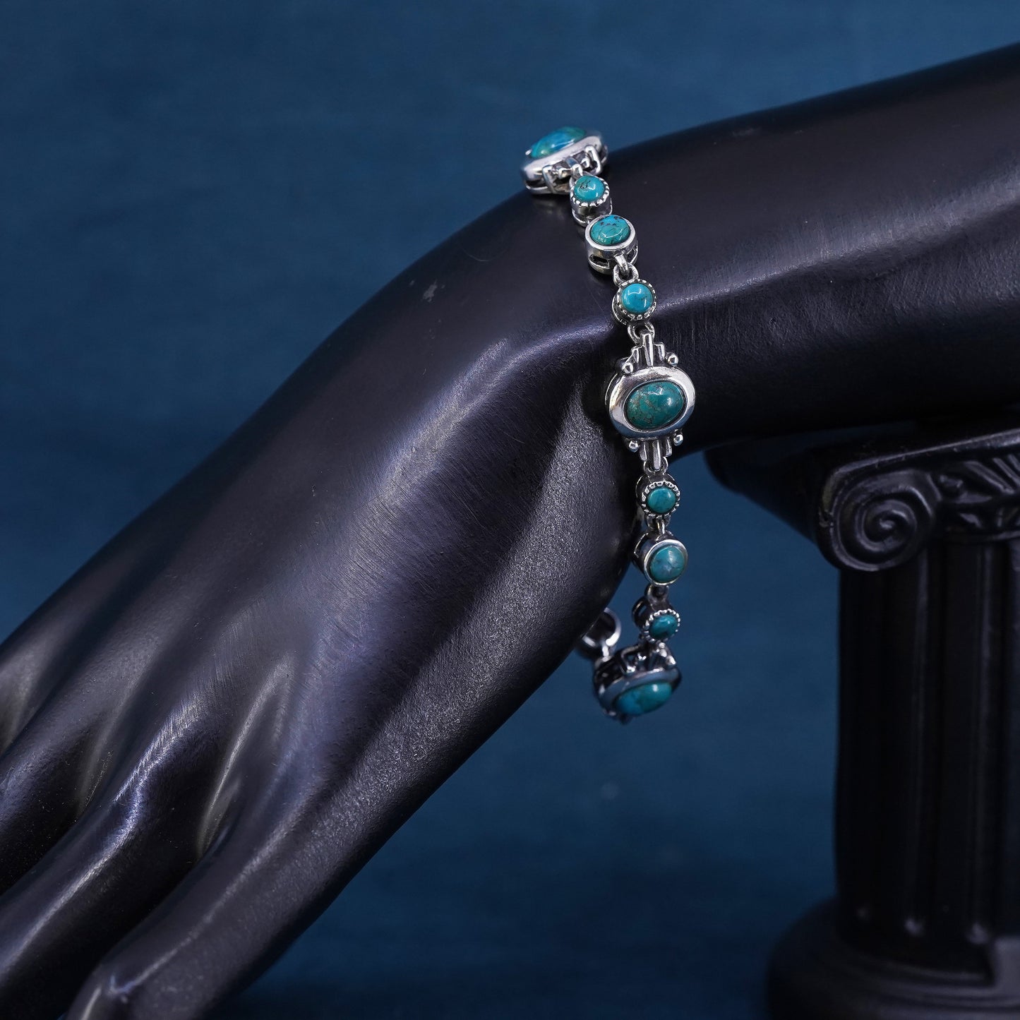 6.75”, sterling 925 silver handmade bracelet with turquoise and toggle closure