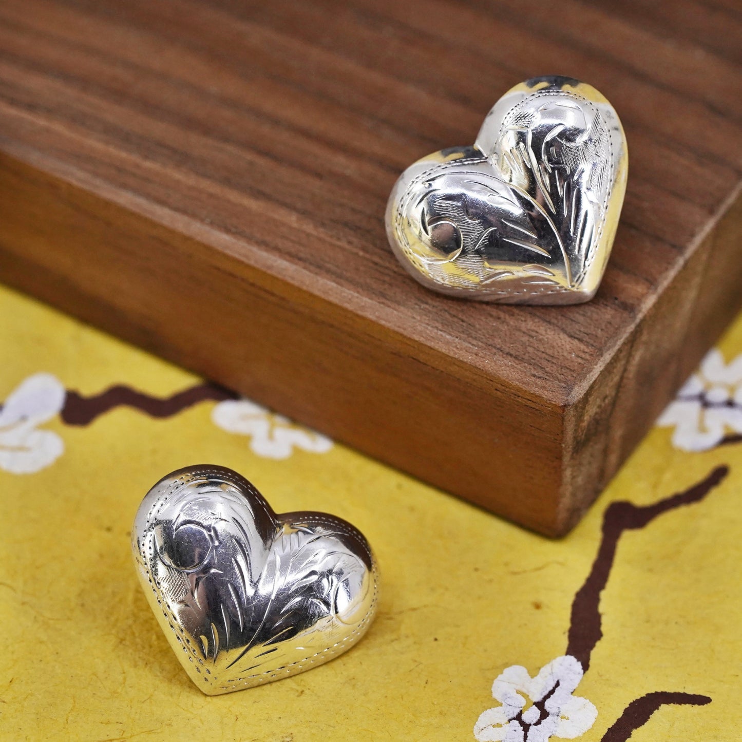 Vintage Sterling silver handmade earrings, textured 925 heart studs