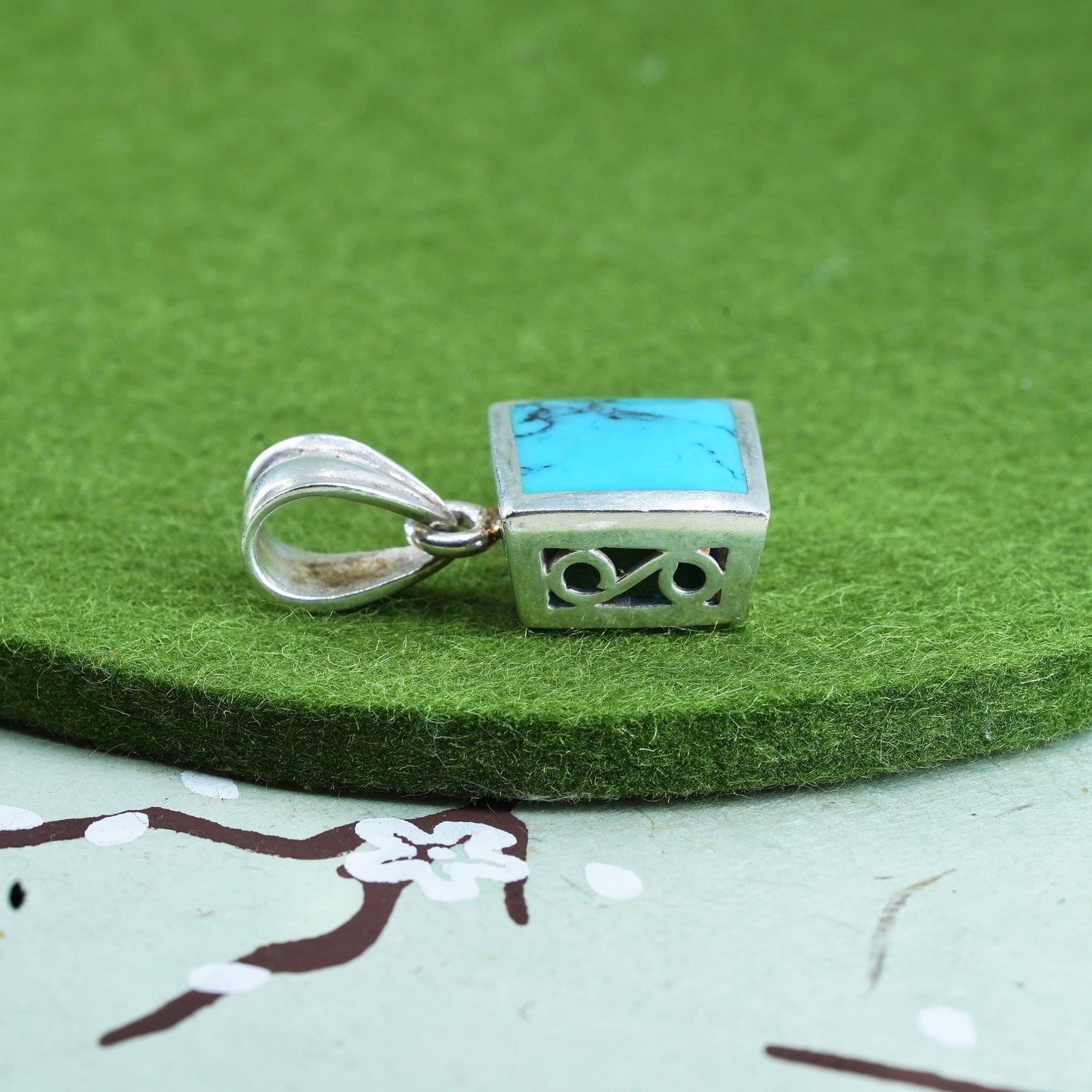 Native American Sterling silver handmade pendant, 925 square charm turquoise