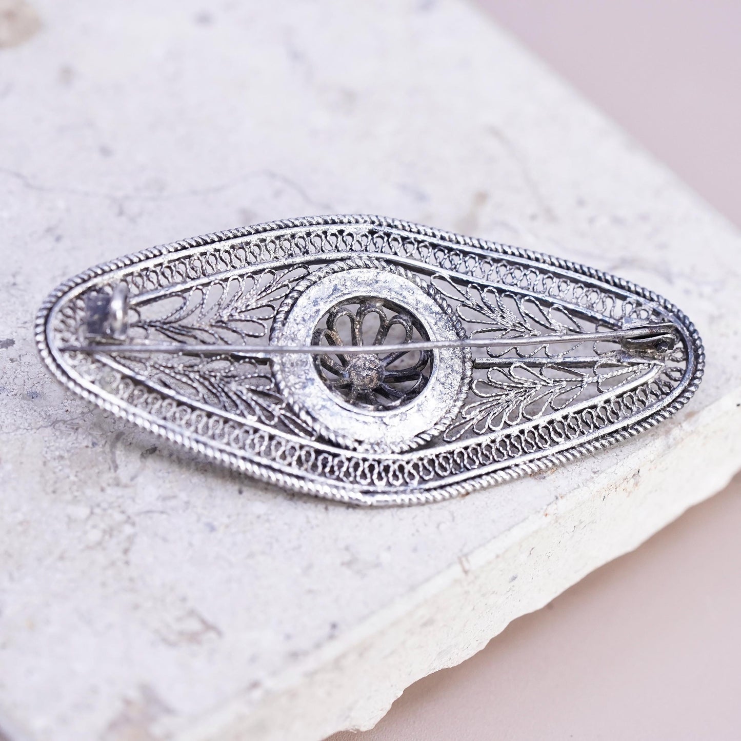 Vintage Native American sterling silver brooch, 925 filigree long pin turquoise