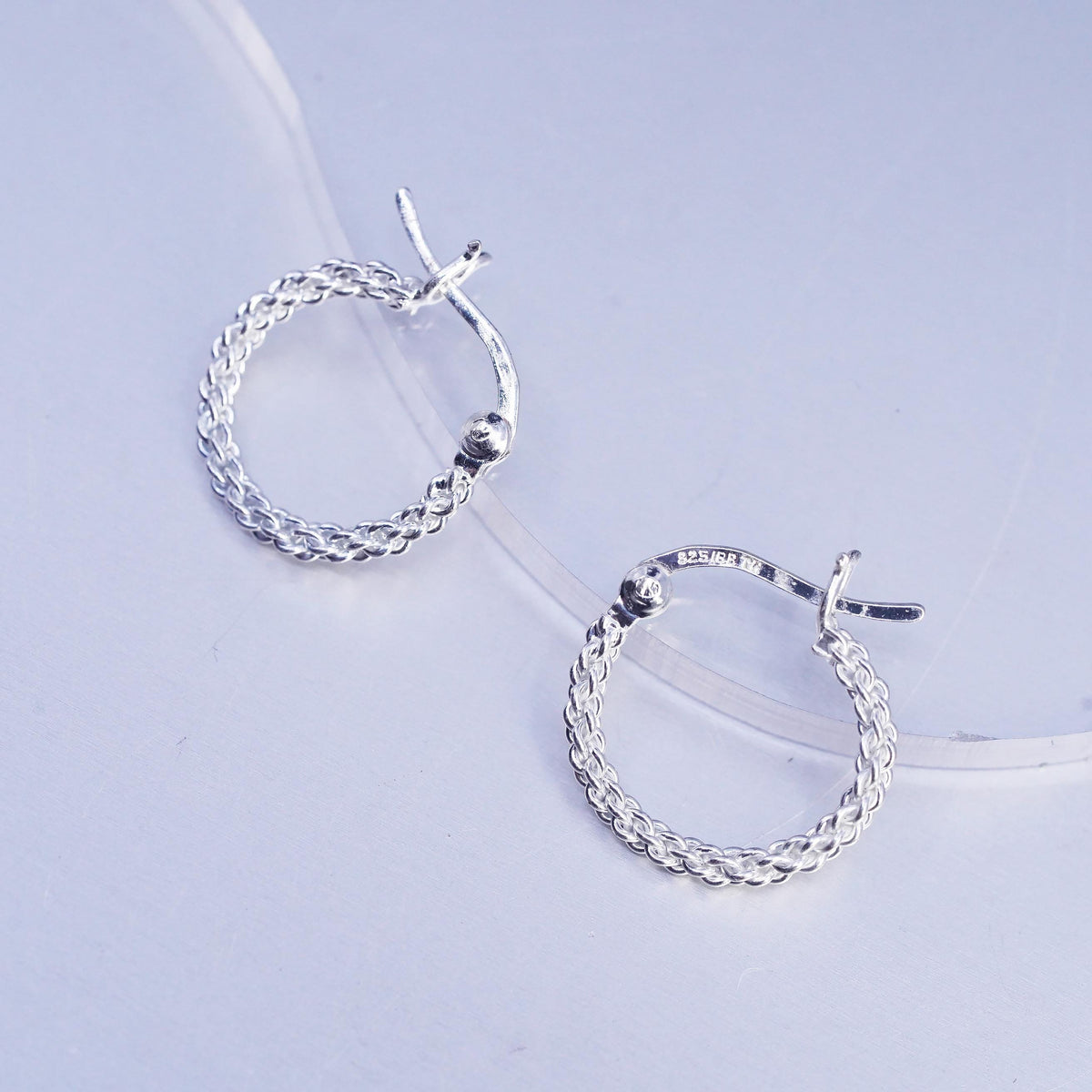 0.5", VTG 925 Sterling Silver Handmade Earrings, 925 huggie mesh chain hoops