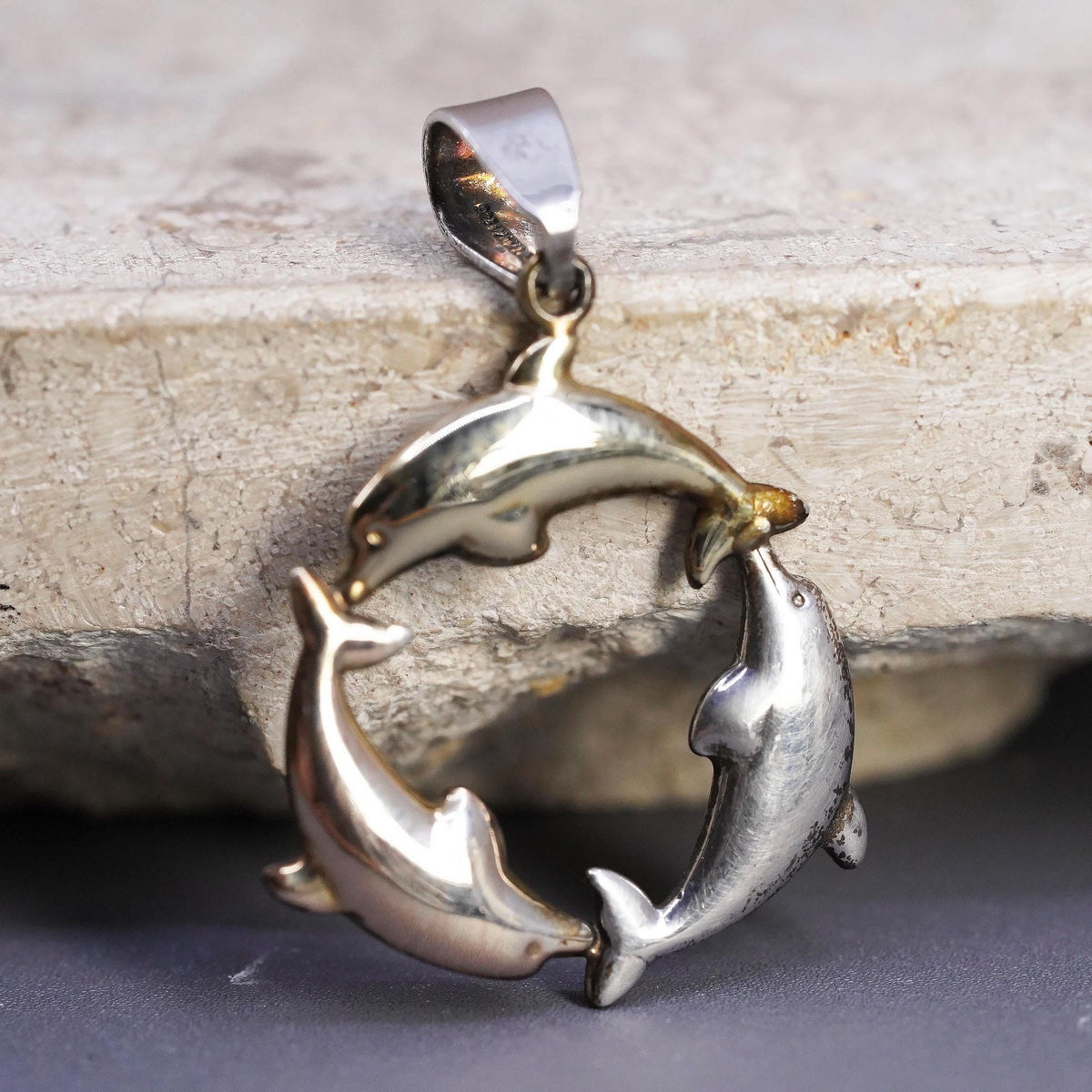Vintage 1/20 14K yellow gold Sterling silver Dolphin Circle pendant, 925 charm
