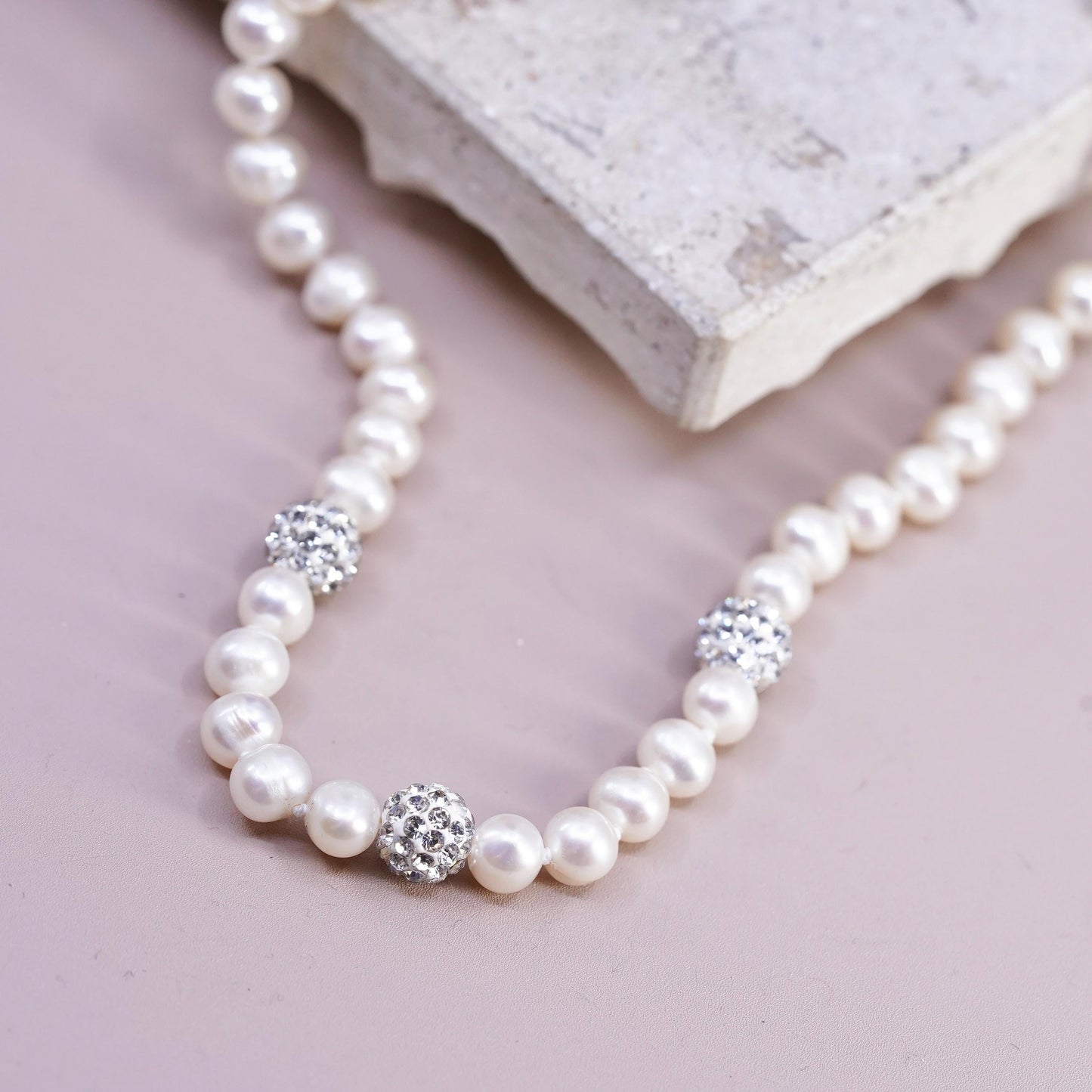 18", vintage Sterling 925 silver necklace 6mm freshwater pearl cluster cz beads