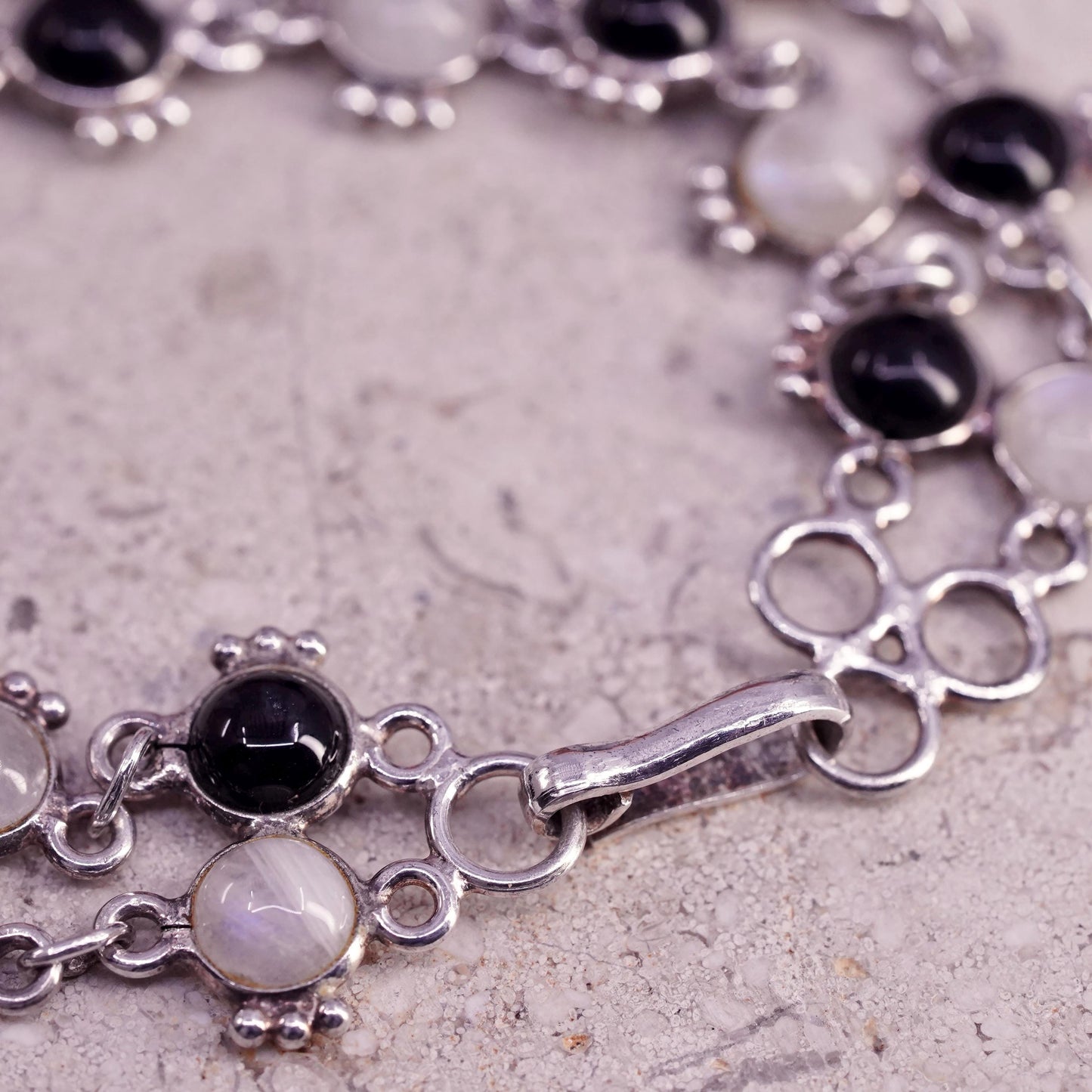 7", vintage sterling 925 silver handmade bracelet with moonstone and onyx
