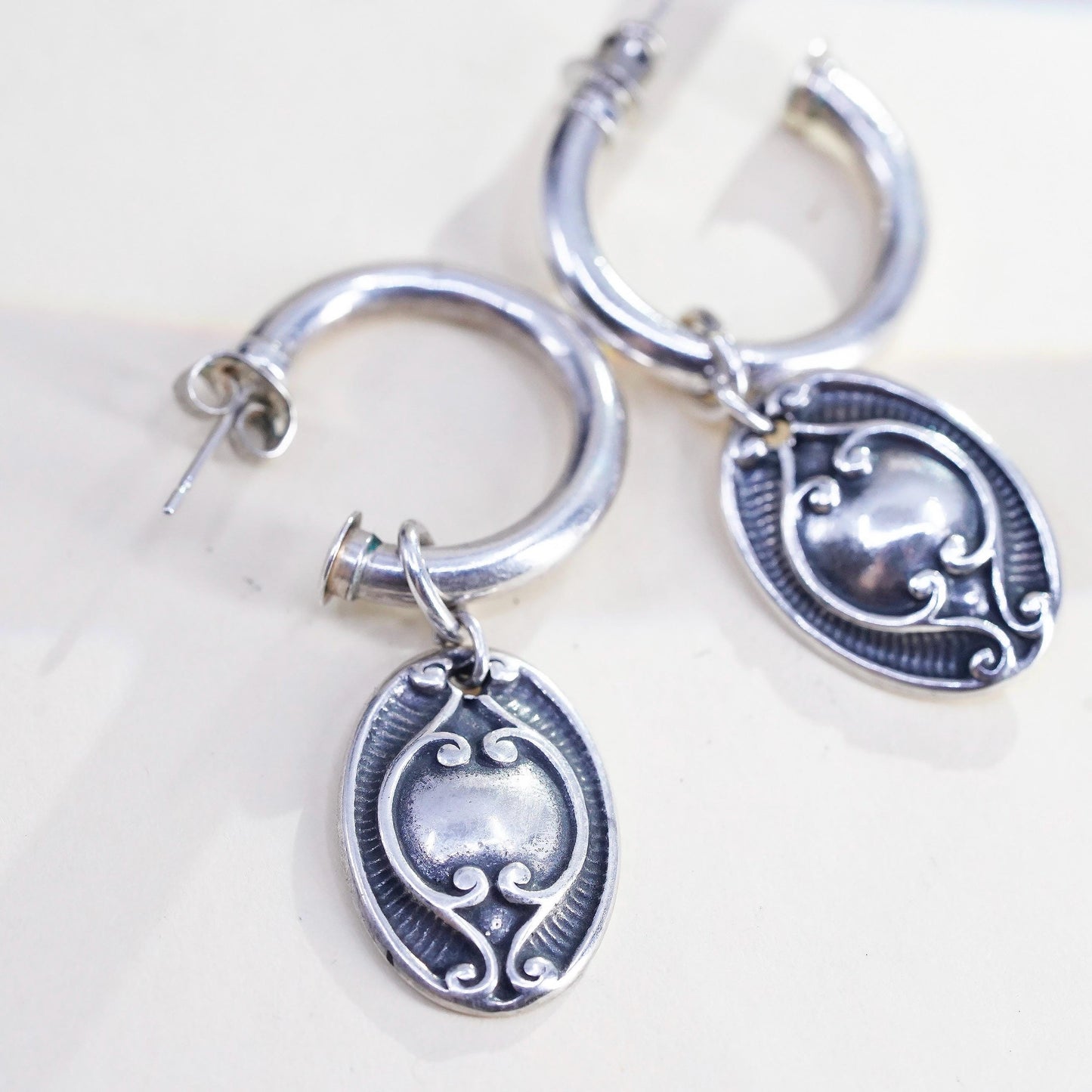 0.75” Vintage 925 Sterling Silver Handmade Earrings Dangles, Oval Scroll Hoops