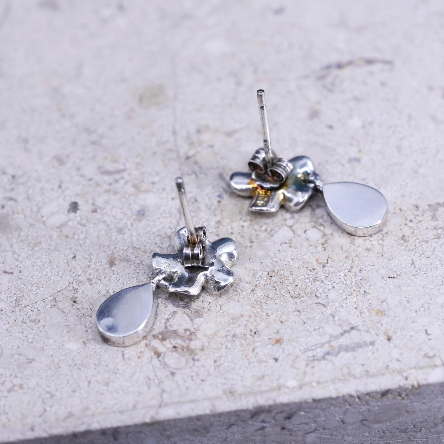 VTG Sterling silver earrings, 925 plumeria flower drops cz teardrop fire opal