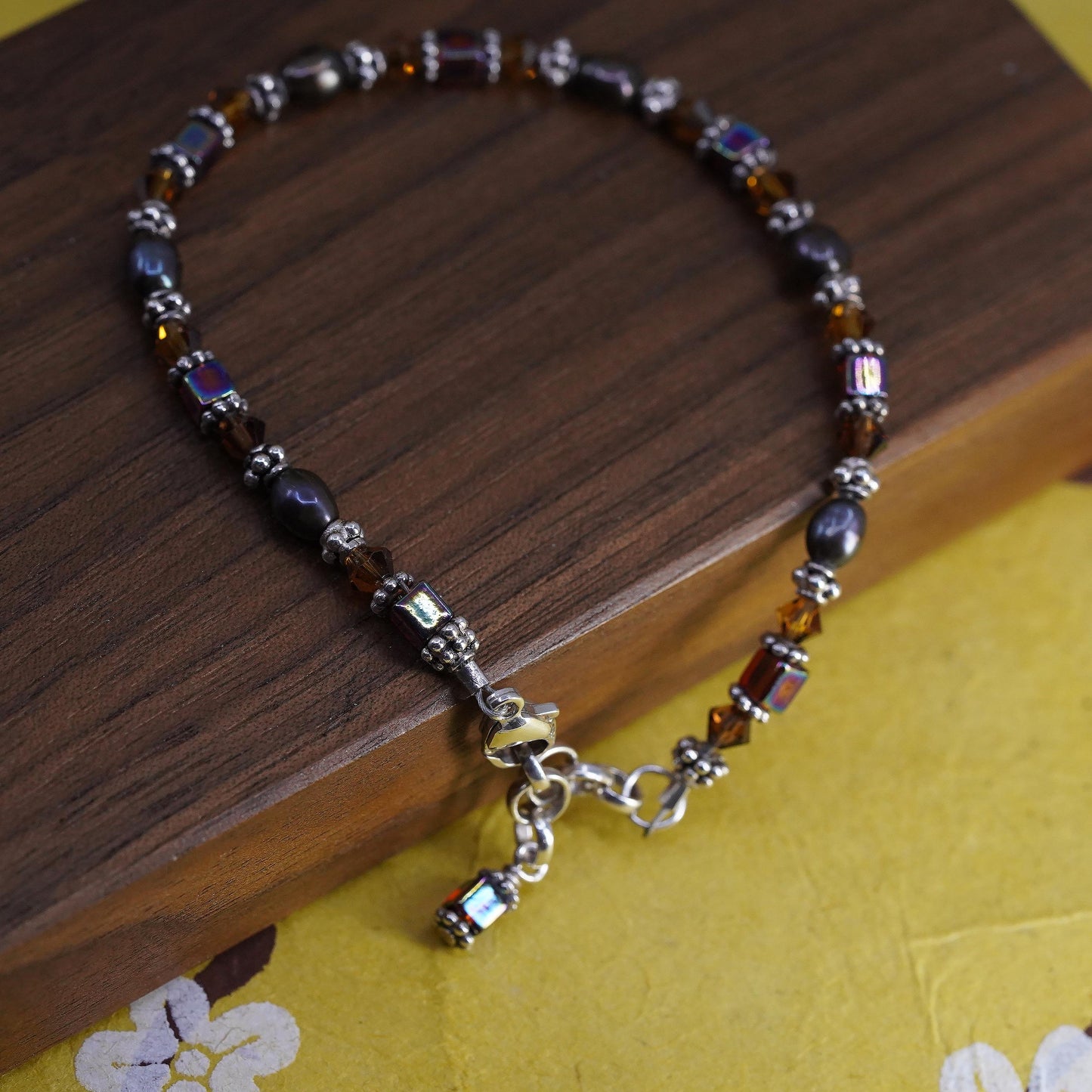 7+1”, vintage Sterling silver garnet citrine beads bracelet with black pearl