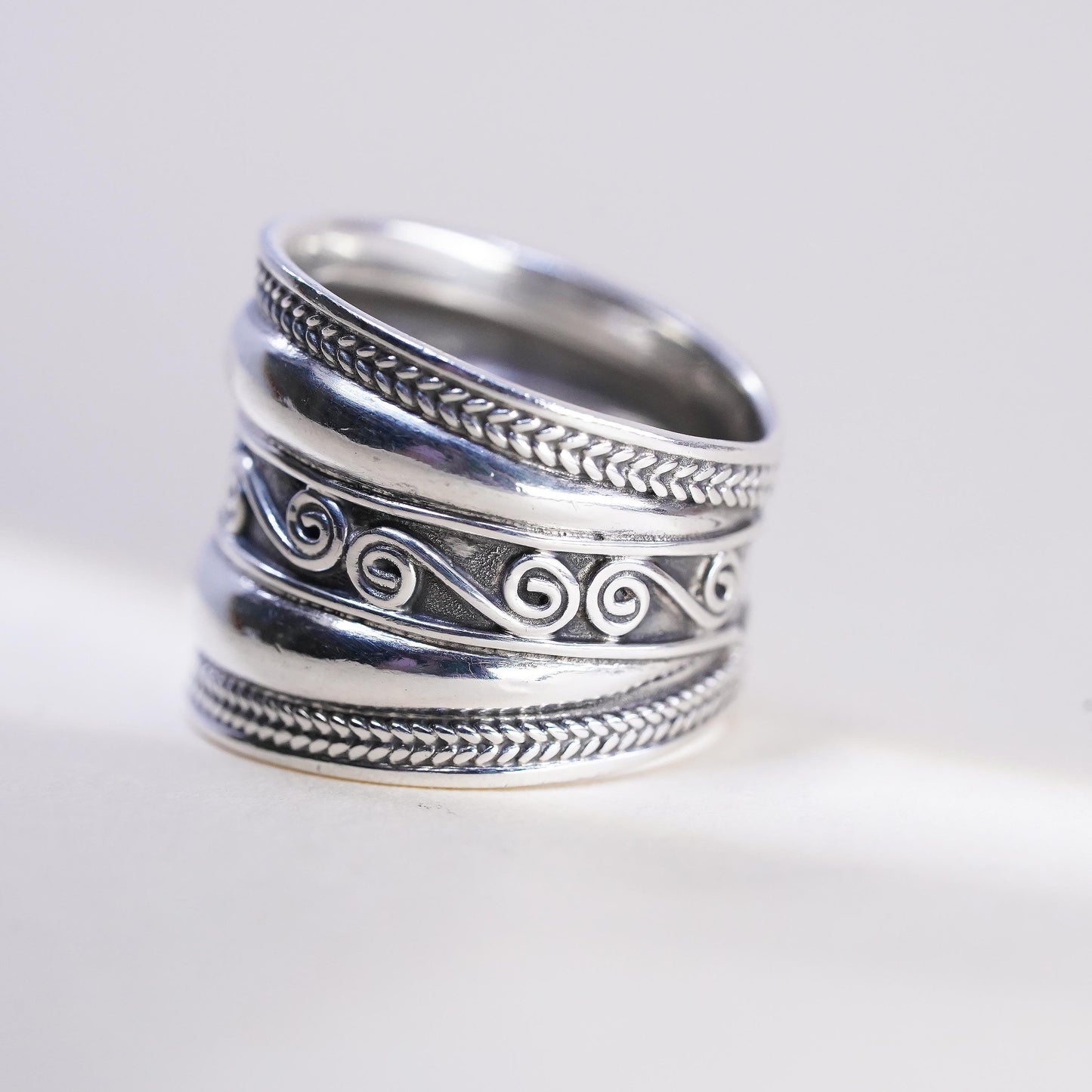 Size 8.5, Wide Sterling Silver Band Ring, Scroll Filigree Ring, Bohemian Unisex
