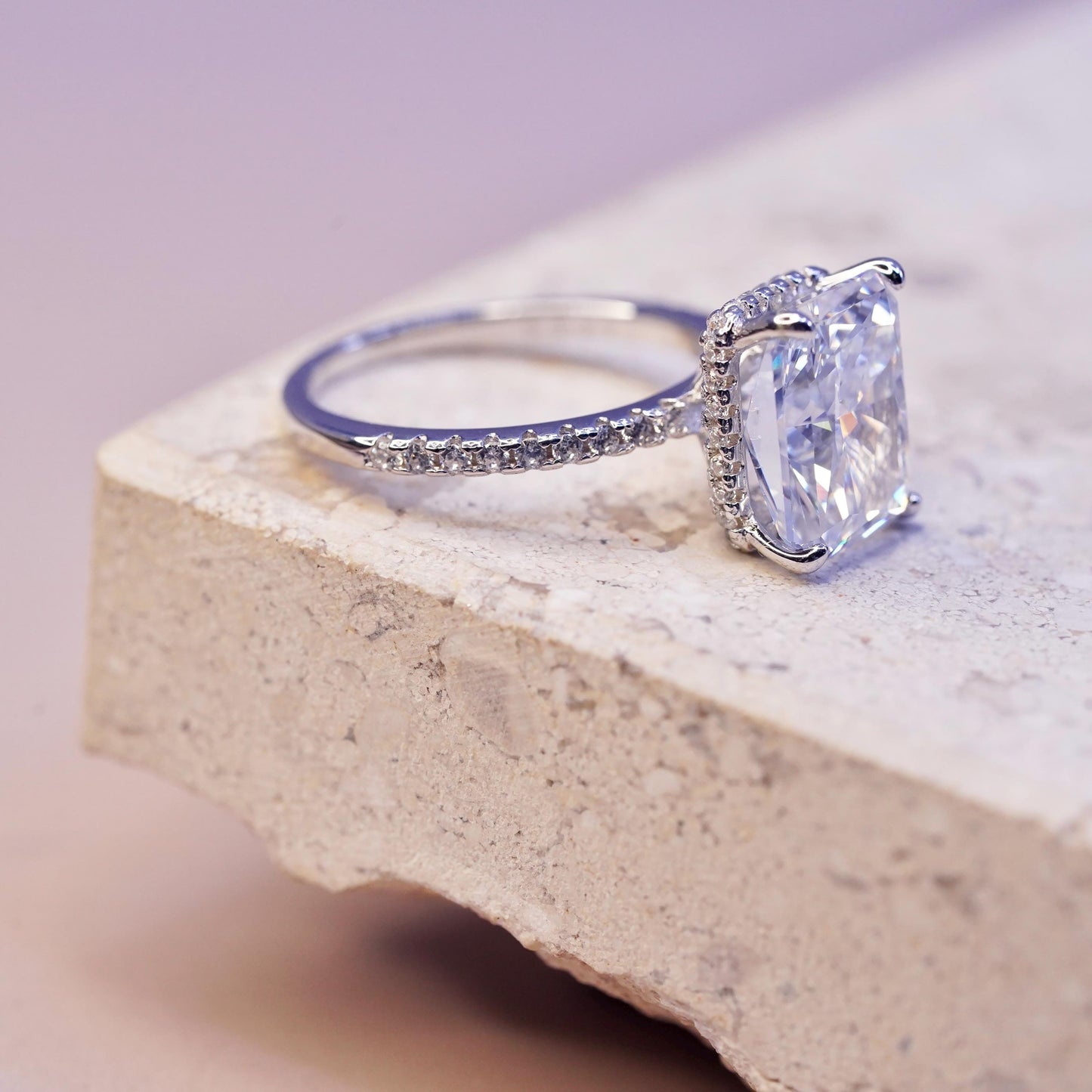 Size 5, vintage Sterling 925 silver engagement ring radiant cut Cz cluster cz