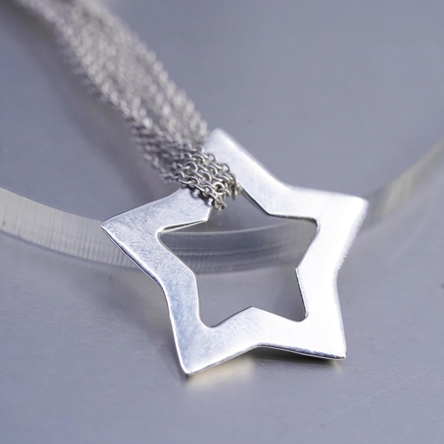 16", vintage Italian Sterling 925 silver multi strands circle chain necklace with star pendant
