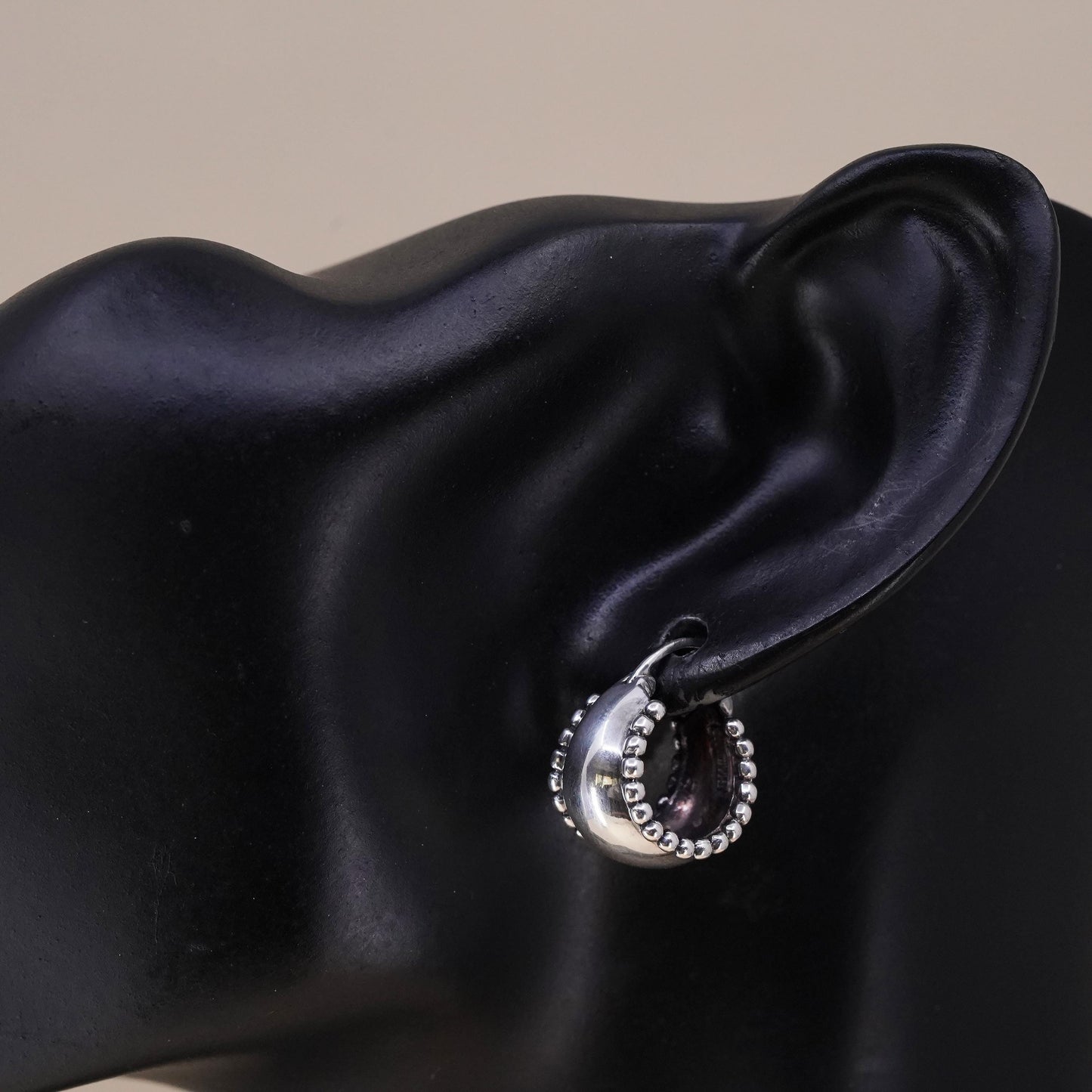 0.5”, Vintage sterling silver single earring, 925 huggie hoop with beads