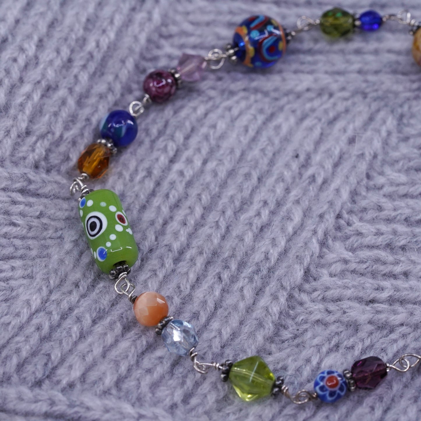 9.5", handmade brass bracelet, brass toggle closure with colorful glass beads