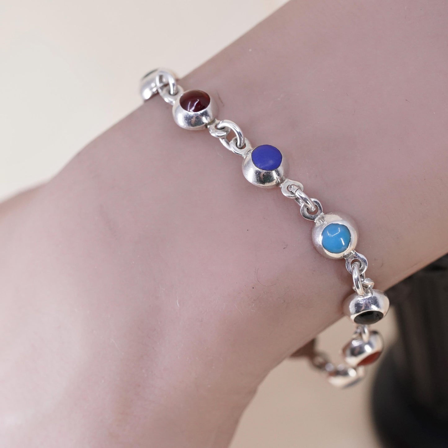 6.25” VTG Sterling 925 Silver Multi Gemstone Bracelet, Turquoise carnelian Onyx