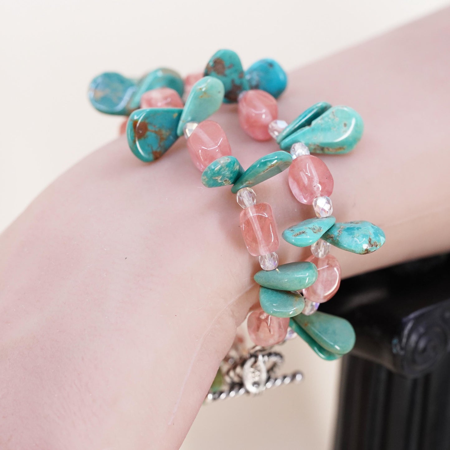 7”, VTG southwestern Sterling 925 silver bracelet turquoise pink quartz beads