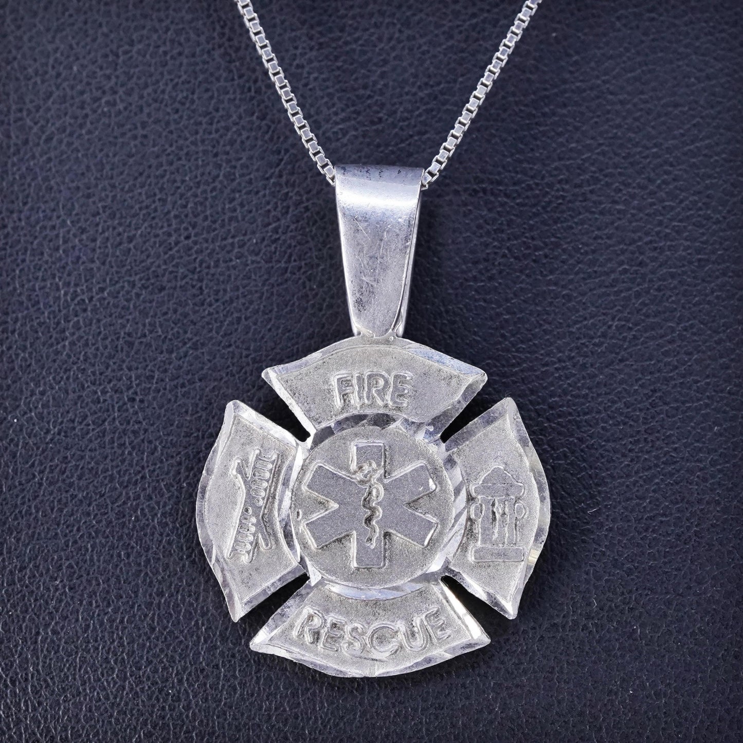 16”, Sterling 925 silver box necklace cross pendant fire rescue The Caduceus