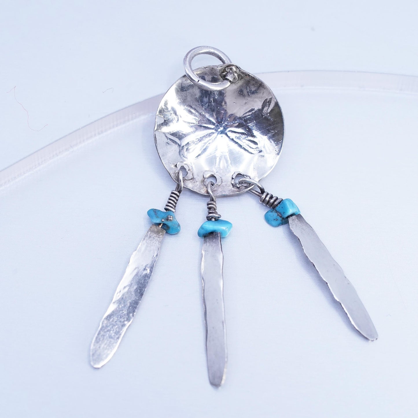 Native American sterling 925 silver circle pendant feather dangles turquoise
