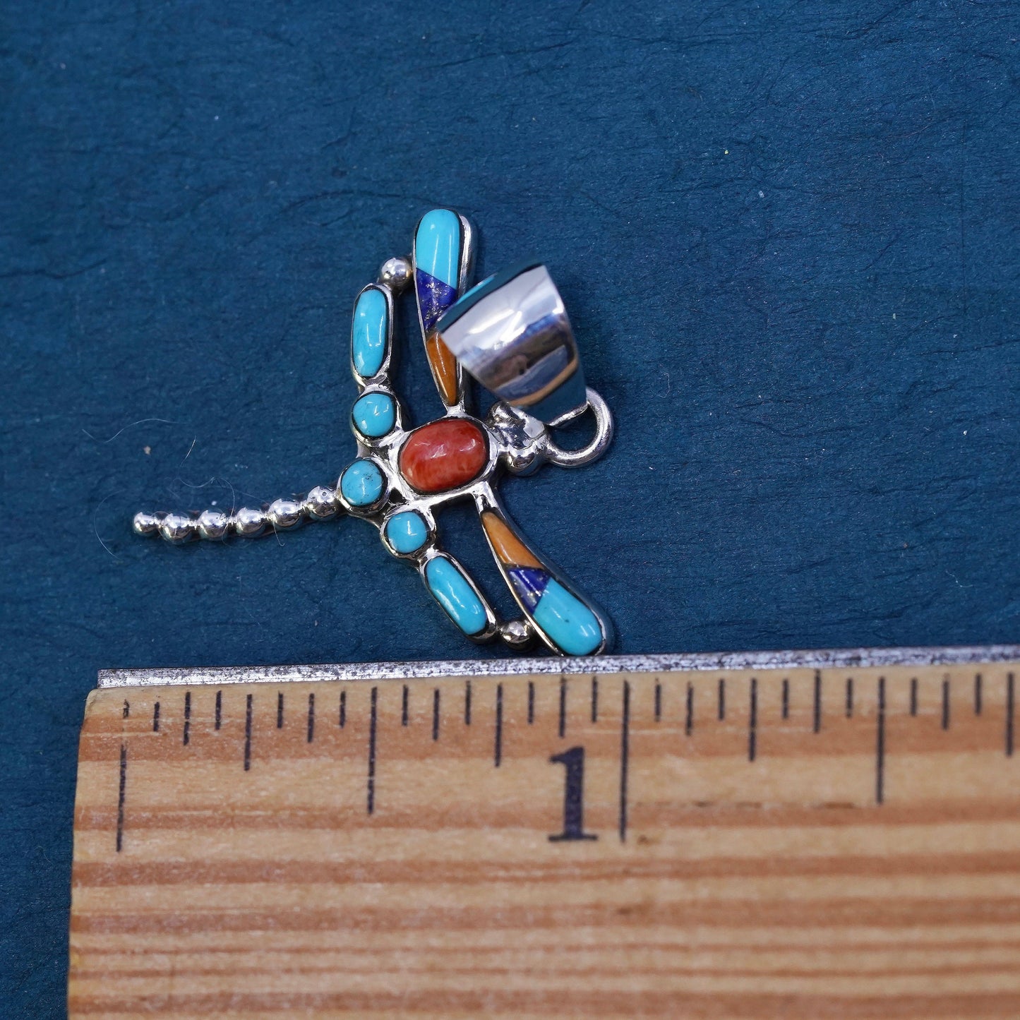 Native American Navajo Sterling silver pendant, 925 dragonfly turquoise coral