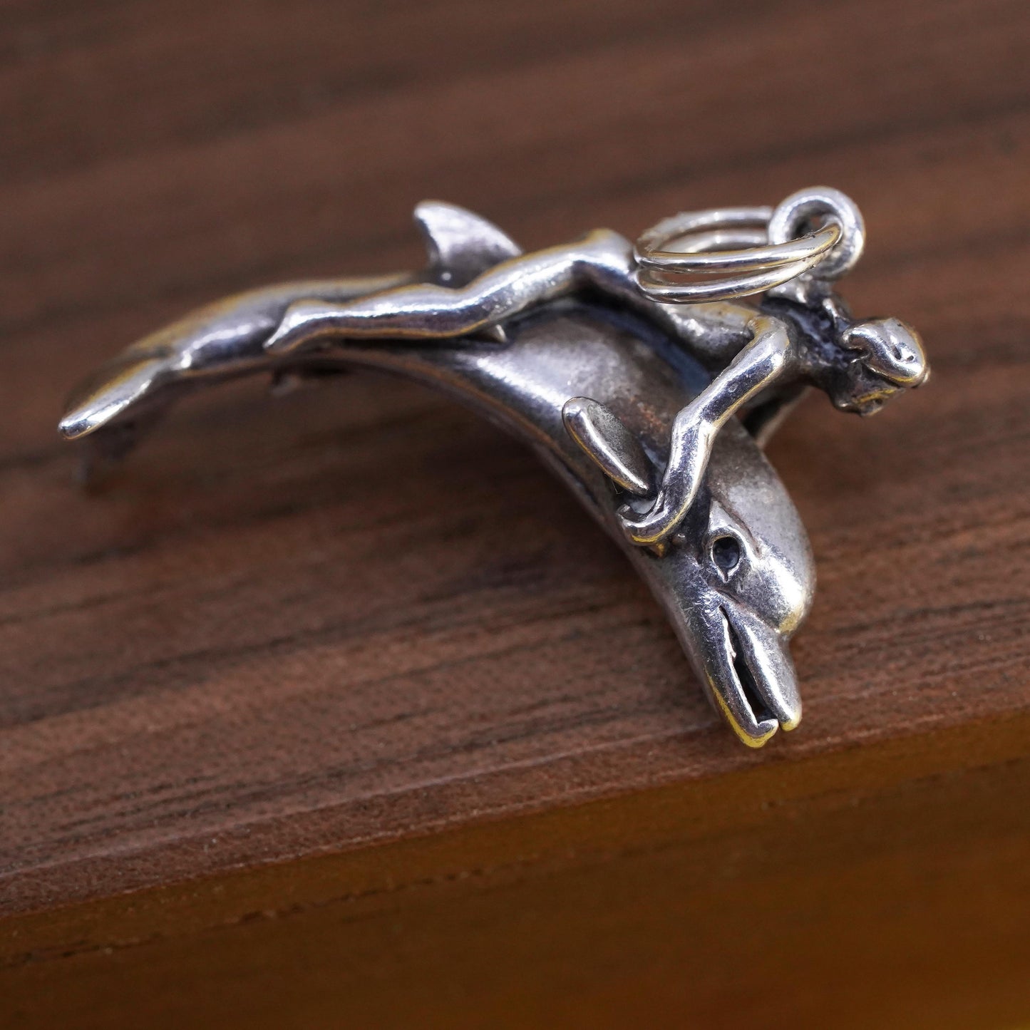 Vintage Sterling Silver girl Riding Dolphin Pendant, Ocean Jewelry, 925 pendant