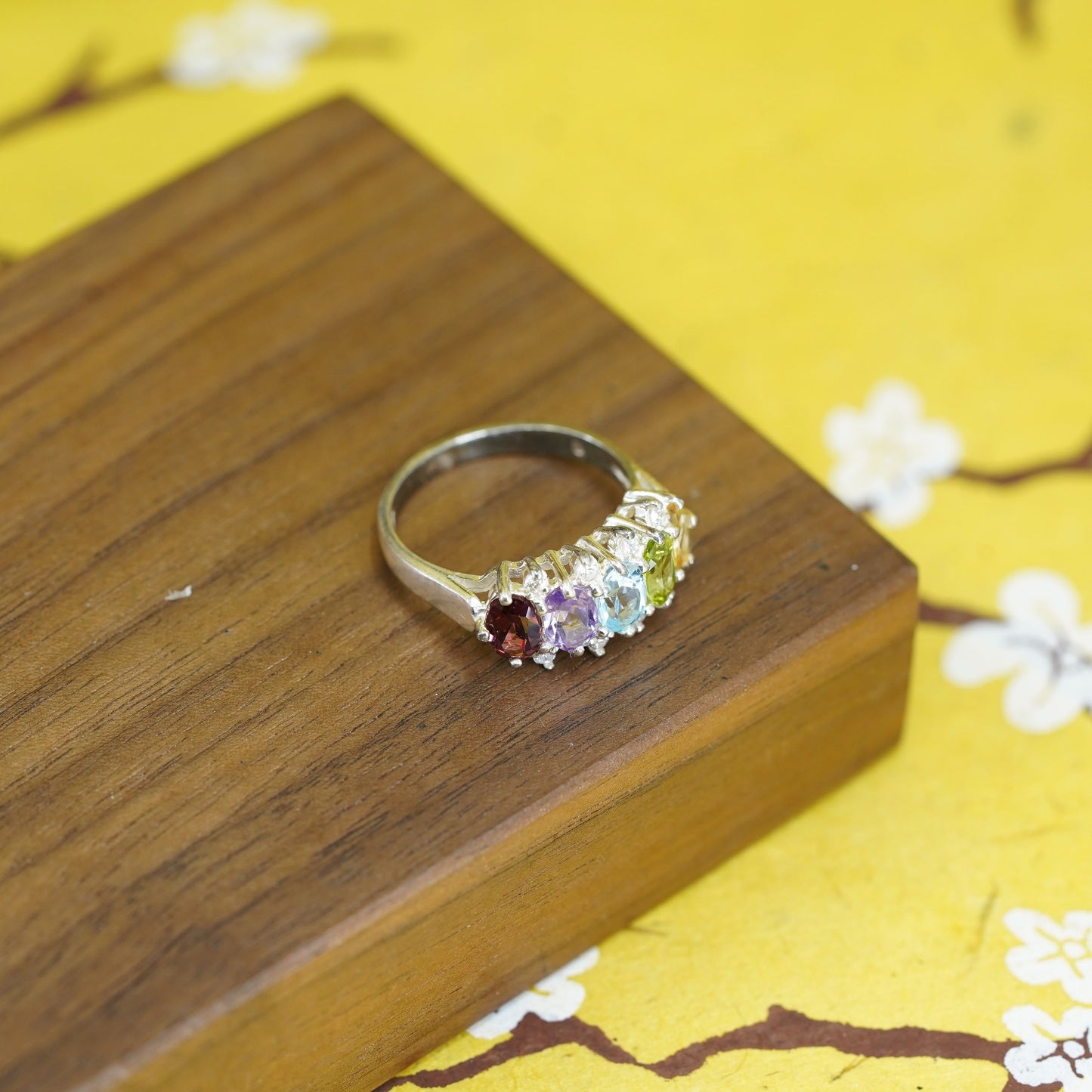 Size 8, Sterling 925 silver ring with ruby, topaz, peridot, amethyst citrine