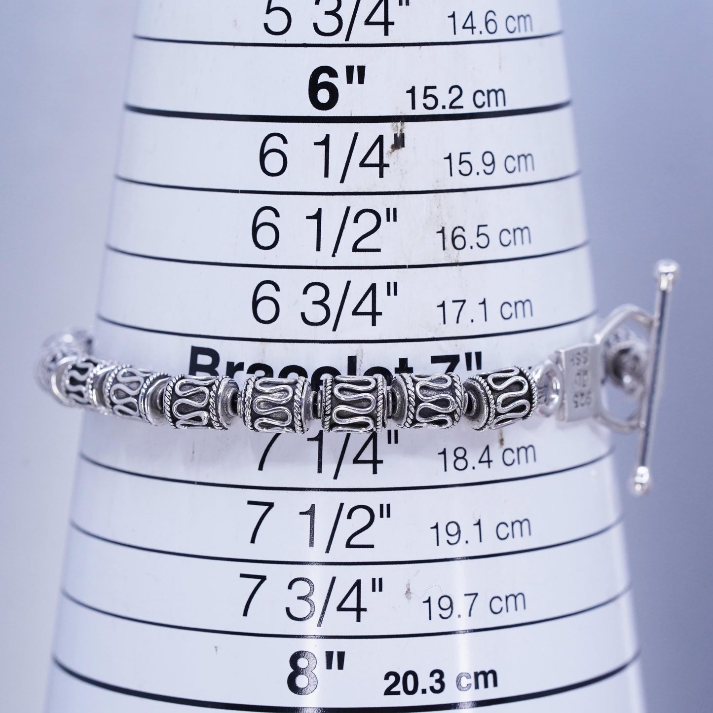 7”, Mexican Sterling 925 silver bracelet, filigree beads chain toggle closure