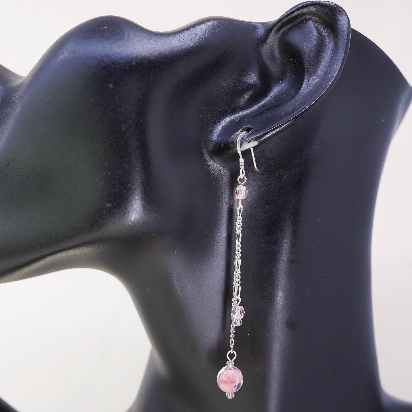 Vintage Sterling silver earrings, 925 figaro chain pink artisan glass drops
