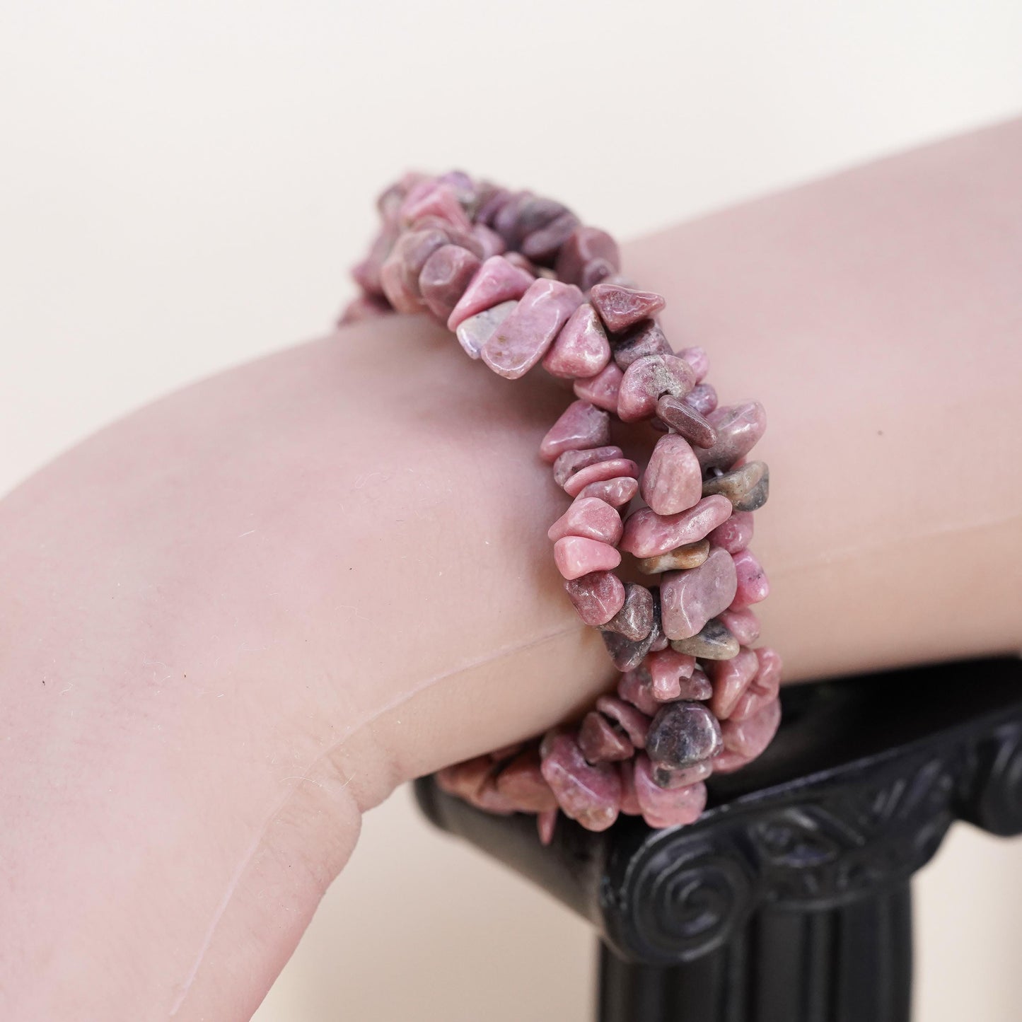 7", Vintage handmade bracelet with multi strands Rhodonite beads stretchy band