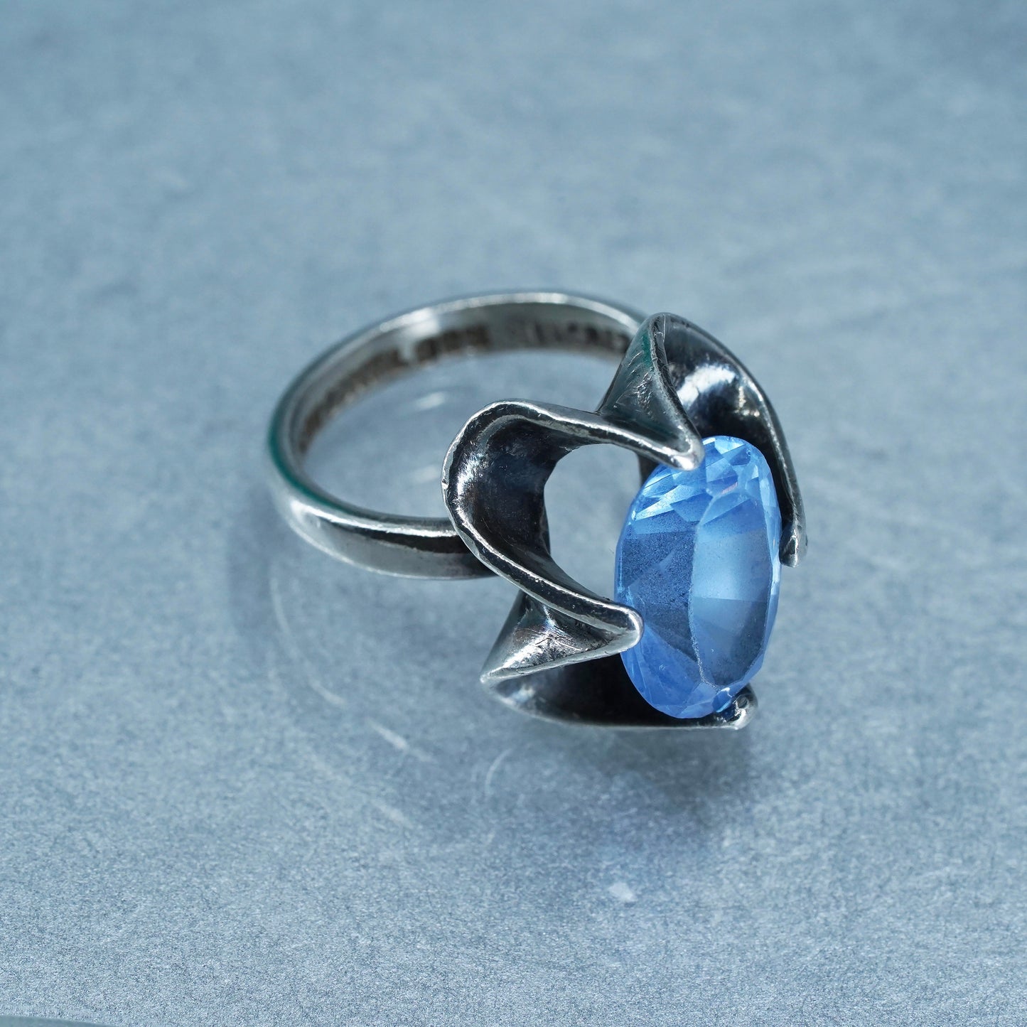 Size 7, Vintage Sterling Silver Mexico Taxco Sanchez blue topaz Ring